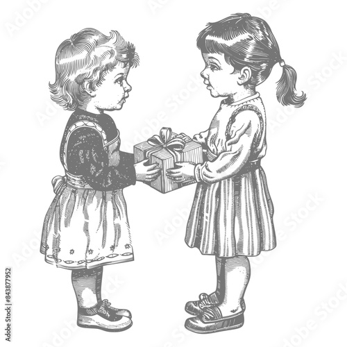 little girl and little boy couple exchanging gifts with engraving style