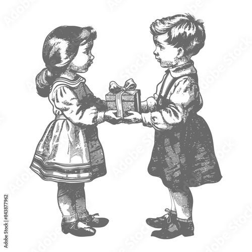 little girl and little boy couple exchanging gifts with engraving style