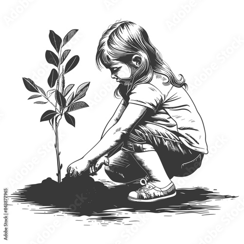 little girl planting tree in the ground with engraving style black color only