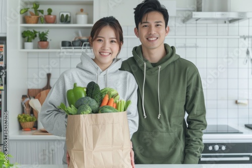 asian couple in green hoodies with paper bag full of vegetables standing in minimal kitchen smiling after grocery shopping at eco market, 0km food concept photo