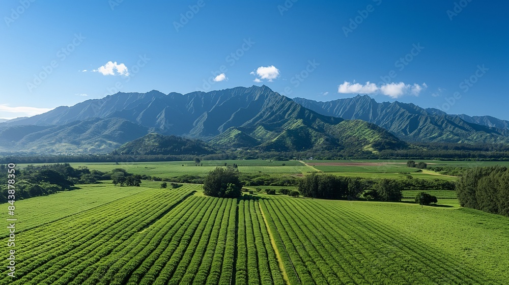 Obraz premium A breathtaking scenic view of a lush green farm stretching towards a majestic mountain range under a clear blue sky