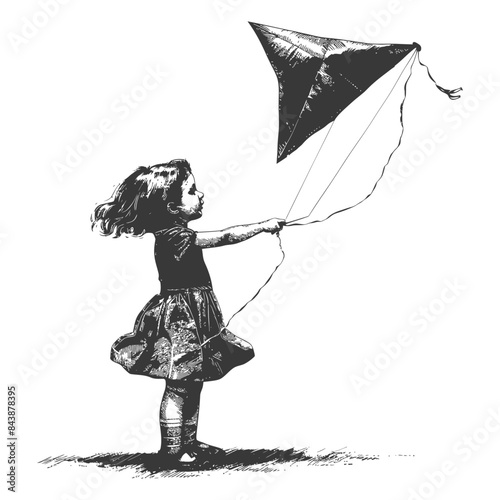 Etched Girl with Diamond Kite: Nostalgic Childhood Dream, Monochrome Vector.