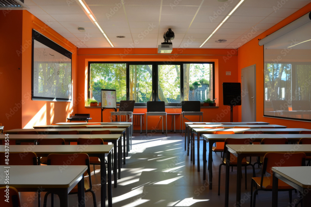Empty modern school classroom with desks and chairs Empty modern school classroom with desks and chairs