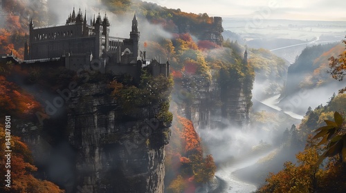 A historical castle perched on a cliff edge, surrounded by autumn foliage, with a misty river winding below. 32k, full ultra hd, high resolution
