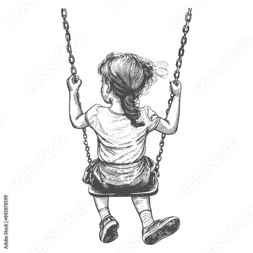 Pencil Sketch: Girl on Swing, Back View, Childhood Nostalgia, Chains & Pigtails.
