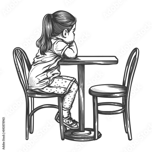 Pensive Girl at Table, Isolated Sketch, Vector Illustration.