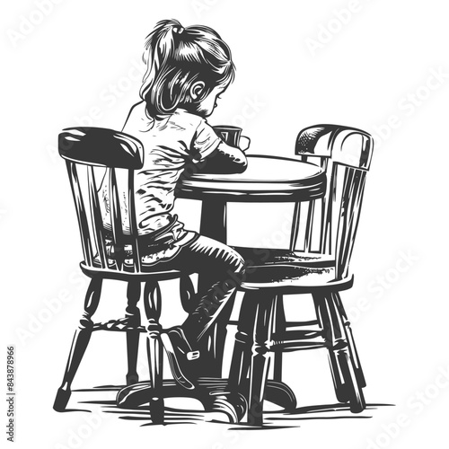 Pensive Little Girl at Table, Ink Sketch, Solitude.
