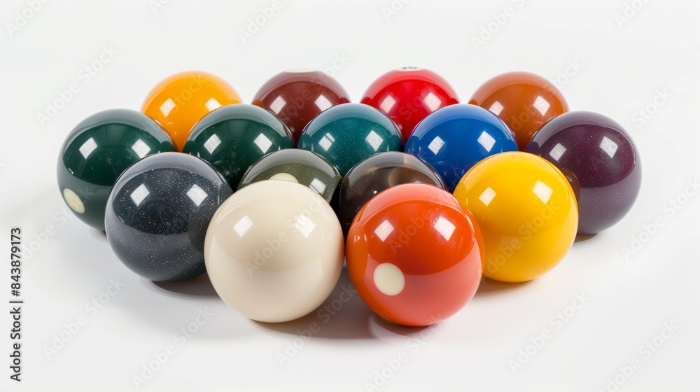 Set of colorful billiard balls arranged on a white background. Pool and snooker equipment. Set of colorful billiard balls arranged on a white background. Pool and snooker equipment.