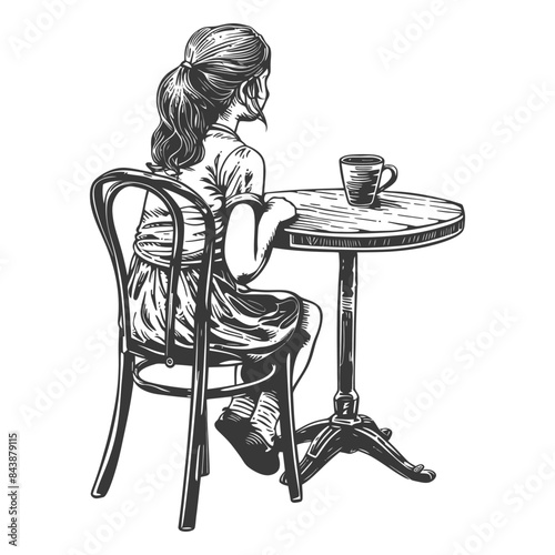 Pensive Girl at Cafe Table: Vintage Style Vector Illustration.