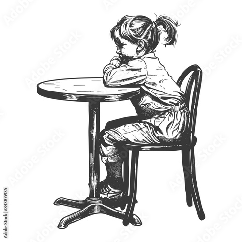 Pensive Girl Waiting at Table: Vintage Illustration.
