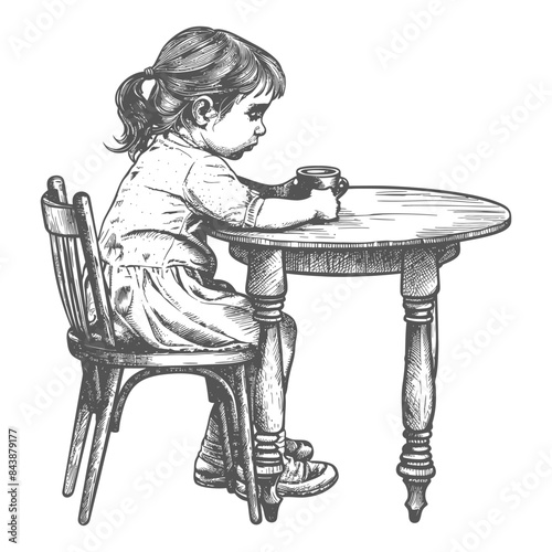 Pensive Girl with Cup: Antique Sketch of Childhood Reflection at Wooden Table.