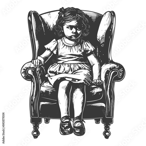 Brooding Child in Oversized Wingback Chair, Vintage Illustration Style