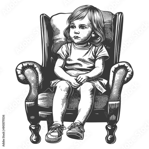 Pensive Girl in Wingback Chair: Vintage Style Engraving.