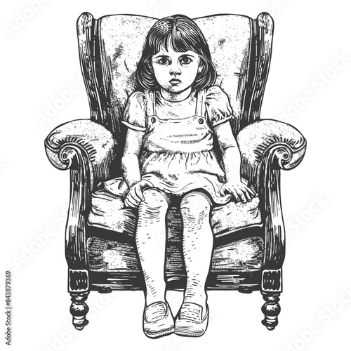 Solemn Child: Vintage Etching of a Young Girl in Overstuffed Armchair.