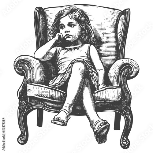 Brooding Little Girl in Armchair, Engraving Style.