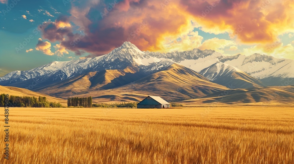 Obraz premium A picturesque farm with golden wheat fields set against the backdrop of towering, snow-capped mountains under a vibrant sky.
