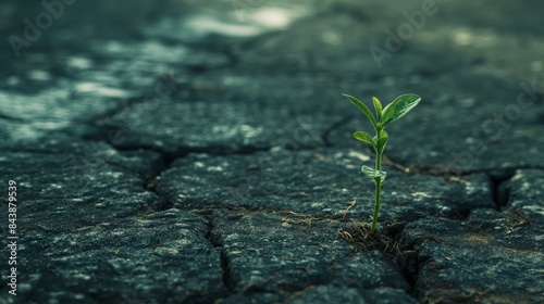 A small green plant is growing in the middle of a rocky, barren landscape. Environmental concept