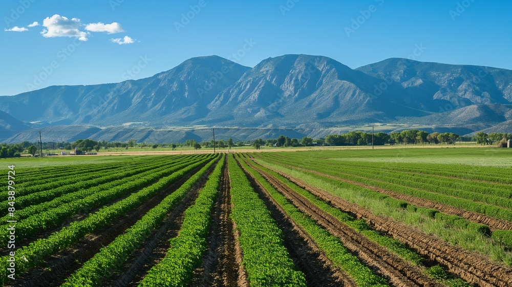 A scenic view of a farm with neatly arranged crop rows, set against a backdrop of majestic mountains and a clear, azure sky. A scenic view of a farm with neatly arranged crop rows, set against a backdrop of majestic mountains and a clear, azure sky.