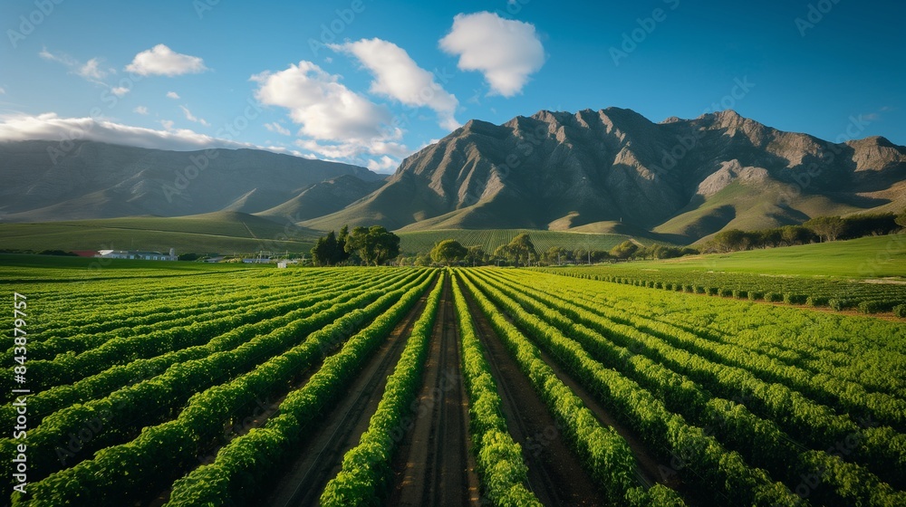  A scenic view of a farm with neatly arranged crop rows, set against a backdrop of majestic mountains and a clear, azure sky.