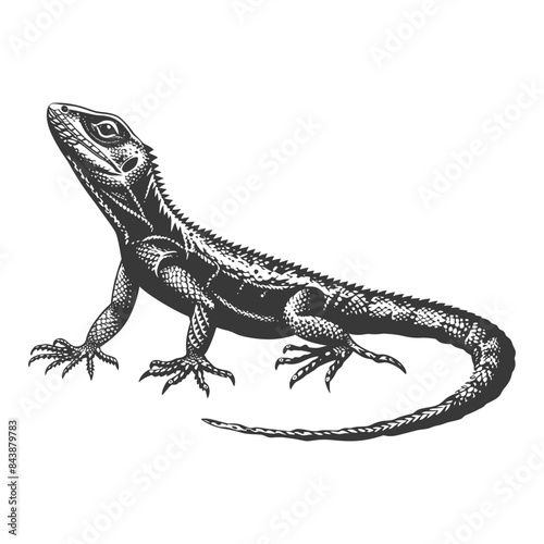 Engraved Water Dragon: Detailed Illustration of a Scaled Lizard in Black and White.