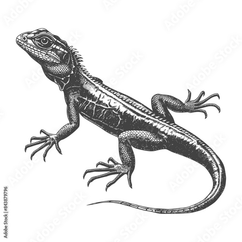 Detailed Etching of a Basalisk Lizard: Monochrome Reptilian Study.