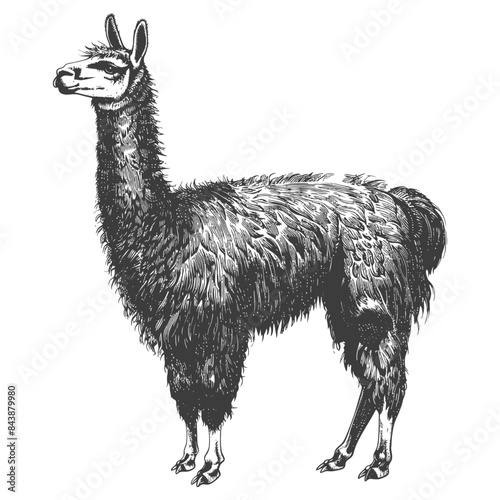 Detailed Black & White Engraving of a Standing Llama.