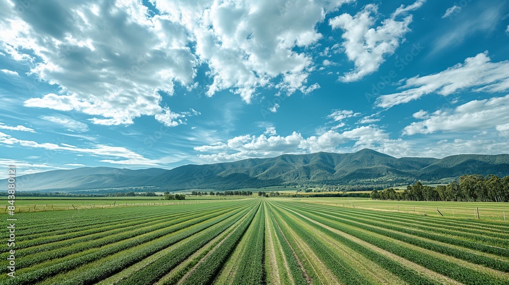 A scenic view of a farm with neatly arranged crop rows, set against a backdrop of majestic mountains and a clear, azure sky A scenic view of a farm with neatly arranged crop rows, set against a backdrop of majestic mountains and a clear, azure sky