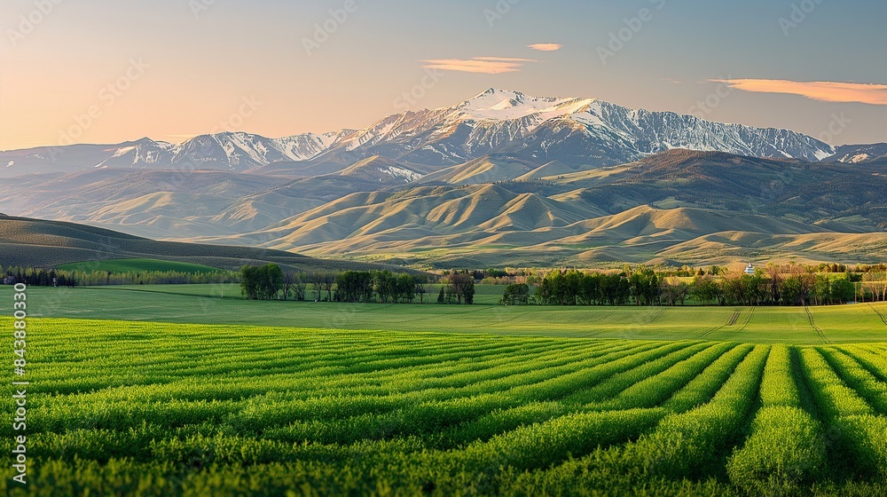 Obraz premium A scenic view of a farm with neatly arranged crop rows, set against a backdrop of majestic mountains and a clear, azure sky