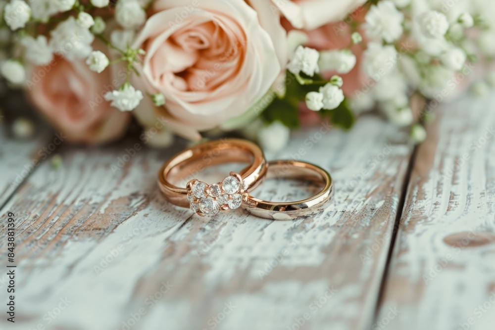 Wedding rings on the background of a bouquet of flowers Wedding rings on the background of a bouquet of flowers