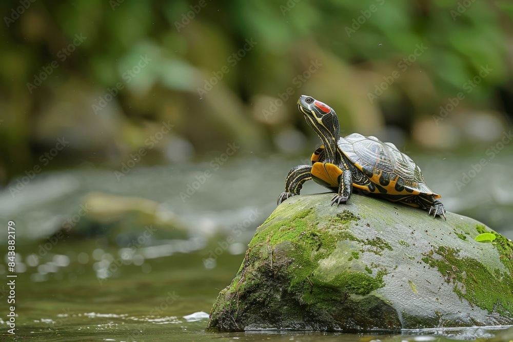 Fototapeta premium A red-eared slider sits on a green rock by the riverbank, basking in the sunlight.