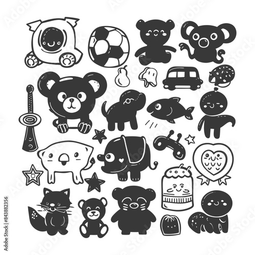 Hand-Drawn Toy Collection: Quirky Black and White Doodle Set.