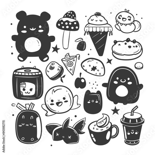 Kawaii Doodle Set: Playful Black & White Icons - Bear, Food, Characters