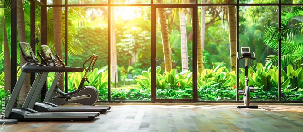 gym with green garden view from glass window gym with green garden view from glass window