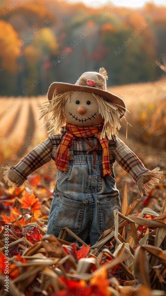 A scarecrow in a field with rows of corn and autumn foliage in the background. A scarecrow in a field with rows of corn and autumn foliage in the background.