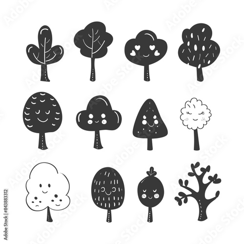 Cartoon Trees: Doodle Style Set, Smiling Faces, Black and White Forest Icons.