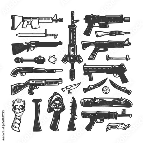 Monochrome Cartoon Armory: Fantasy Weapons Set Vector.