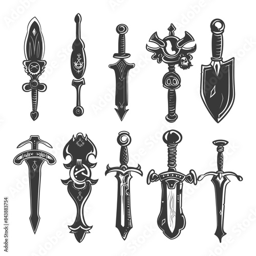 Ornate Fantasy Weapon Set: Medieval Swords, Daggers, and Mace Illustrations in Engraved Style