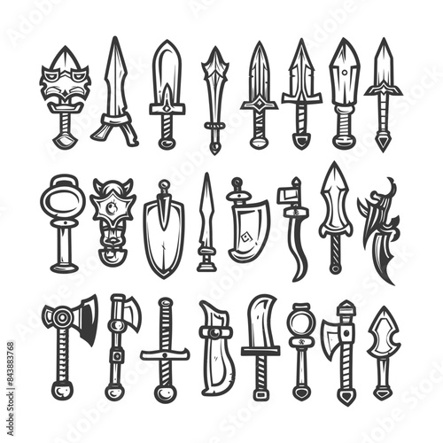 Cartoon Sword & Axe Collection: Hand-Drawn Medieval Weapons, Line Art.