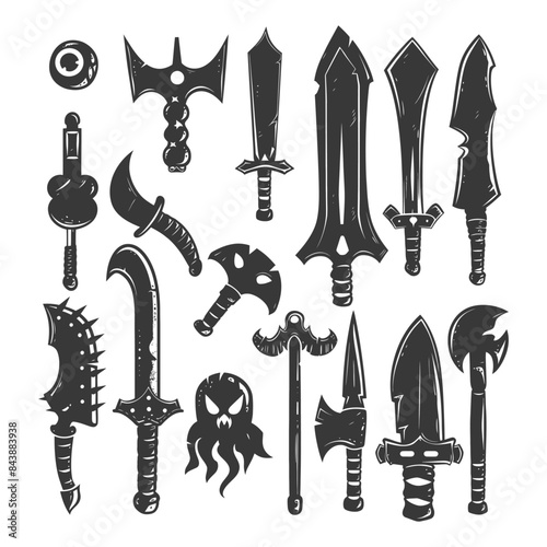 Monochrome fantasy weapon set: Medieval swords, axe, and occult icons.