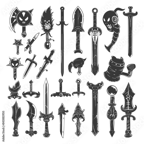 Monochrome Fantasy Weaponry: Hand-Drawn Medieval Sword, Axe & Mace Collection.
