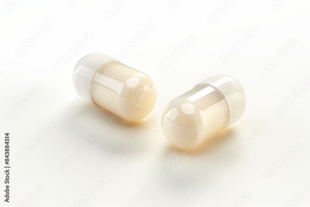 Two white medical capsules isolated on a plain background, close-up and clean design. Represents healthcare and medicine. Ideal for pharmaceutical advertisements and educational purposes Two white medical capsules isolated on a plain background, close-up and clean design. Represents healthcare and medicine. Ideal for pharmaceutical advertisements and educational purposes