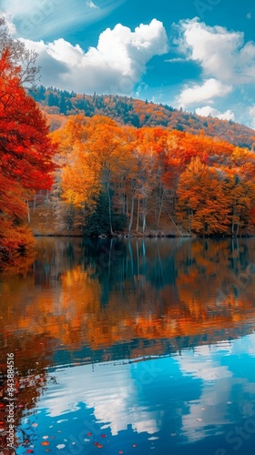 An autumn landscape with a lake surrounded by trees in vibrant fall colors