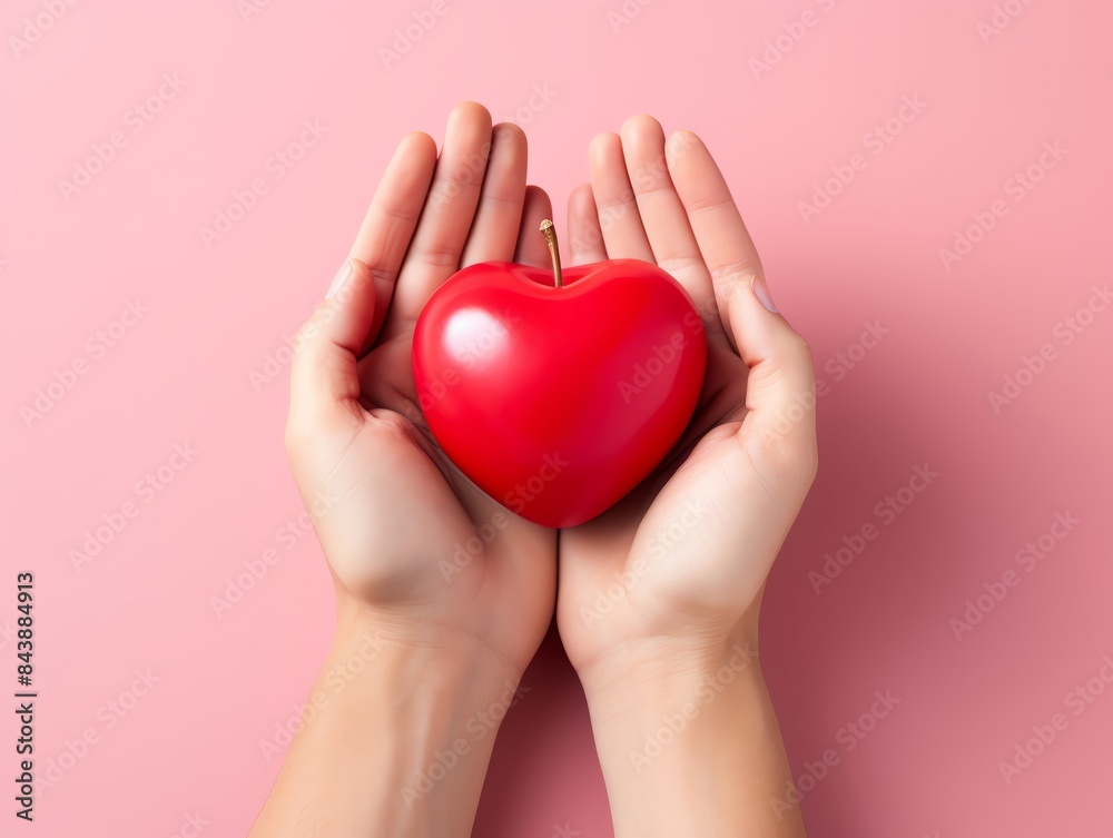 Obraz premium Hands holding a red heart on a pink background, symbolizing love, care, and nurturing. Perfect for healthcare, charity, and Valentine's Day themes.