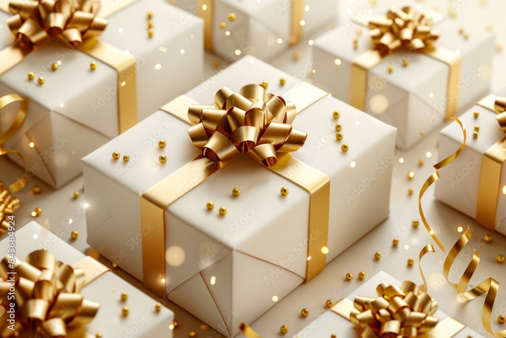 Background with gift boxes with gold ribbons and bows Background with gift boxes with gold ribbons and bows