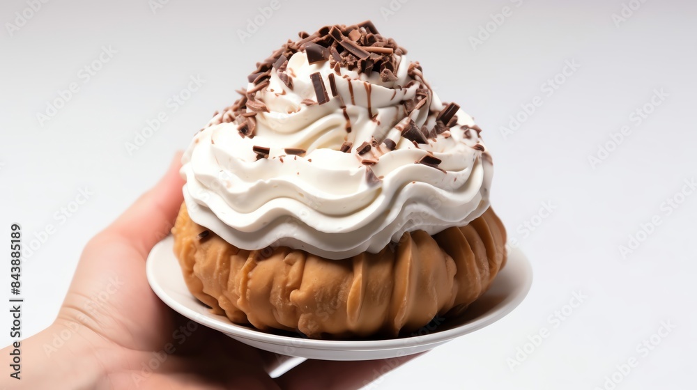 A hand holding a delicious ice cream cone with chocolate and vanilla swirls, generously covered in sprinkles Isolated on a white background with copy space A hand holding a delicious ice cream cone with chocolate and vanilla swirls, generously covered in sprinkles Isolated on a white background with copy space