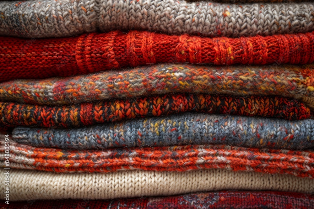 Cozy sweaters: A stack of folded cozy sweaters in warm, autumnal colors.