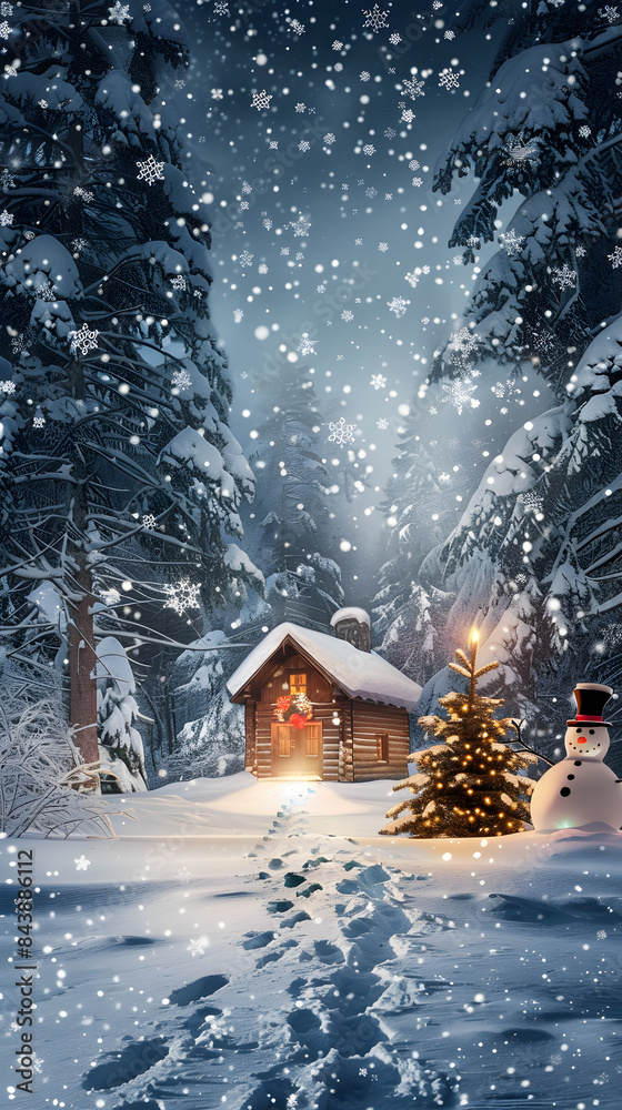 Naklejka premium Cozy Winter Cabin in Snowy Forest with Snowman and Decorated Tree