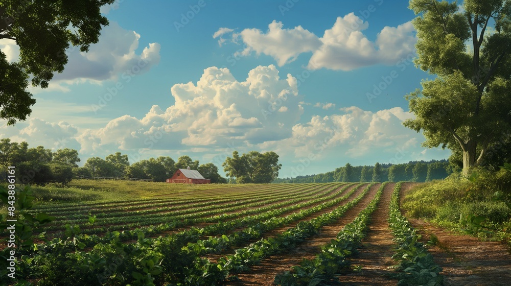 Naklejka premium An expansive rural field with rows of crops stretching to the horizon, a distant barn, and towering trees framing the scene 