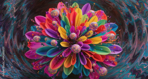 A captivating abstract artwork featuring a swirl of neon-colored, psychedelic flowers. Generative AI