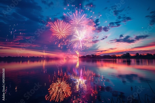 Fireworks over water: Fireworks reflecting in a calm lake or river at dusk, creating a colorful display.  photo